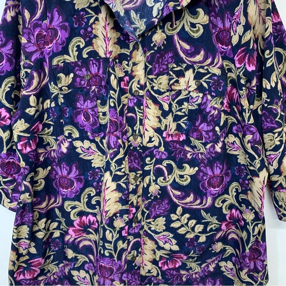 Croft Barrow Blouse Woman 2X Purple Floral Button Up Roll Tab Casual Office Work - Picture 3 of 9